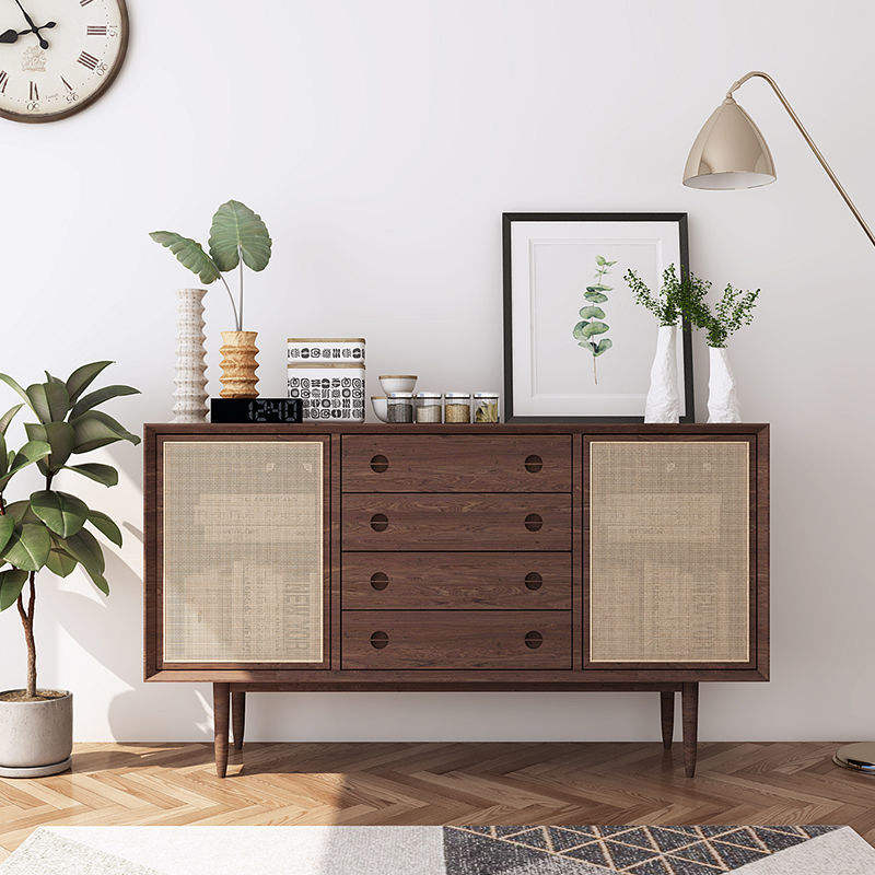 Meubles de maison en bois massif de pin naturel recyclé, armoire latérale en rotin véritable pour salon, armoire d'angle de Style japonais